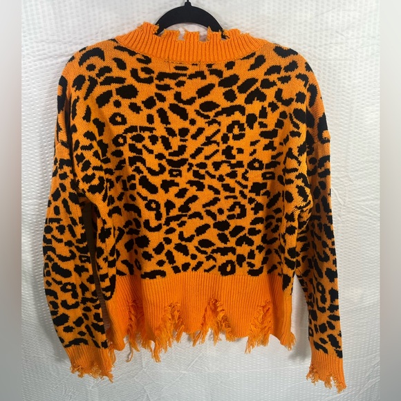 Cheetah Print Women's Fringe Drop Sleeve Crop Sweater Orange  Size L - Picture 7 of 13